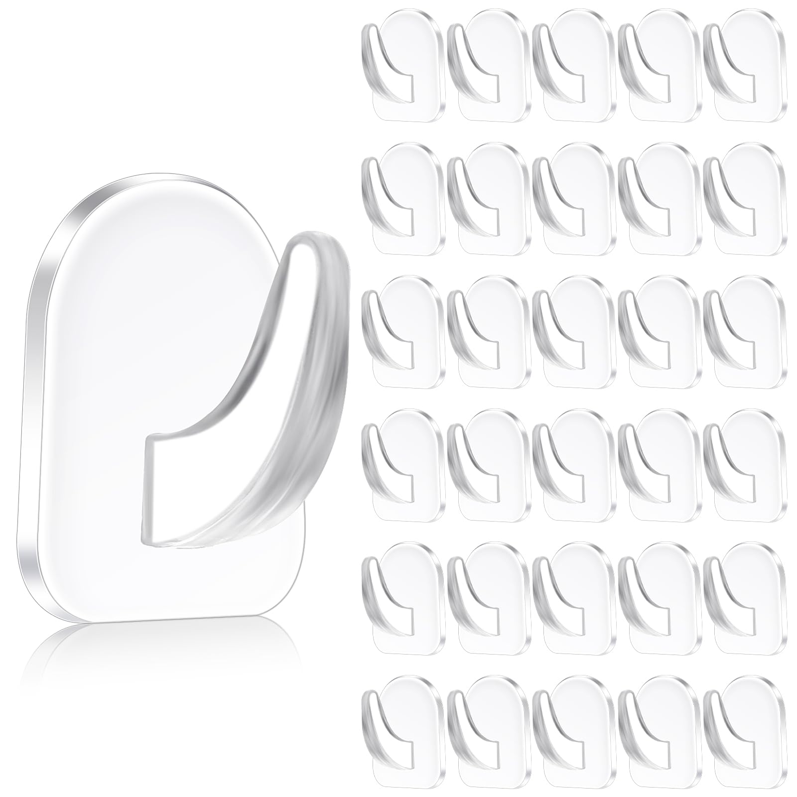 Sibba 30Pcs Clear Adhesive Wall Hooks for Hanging, Transparent Reusable Heavy Duty Hooks Acrylic Sticky Hangers with Non Marking Sticker for Kitchen Bathroom Bedroom Office