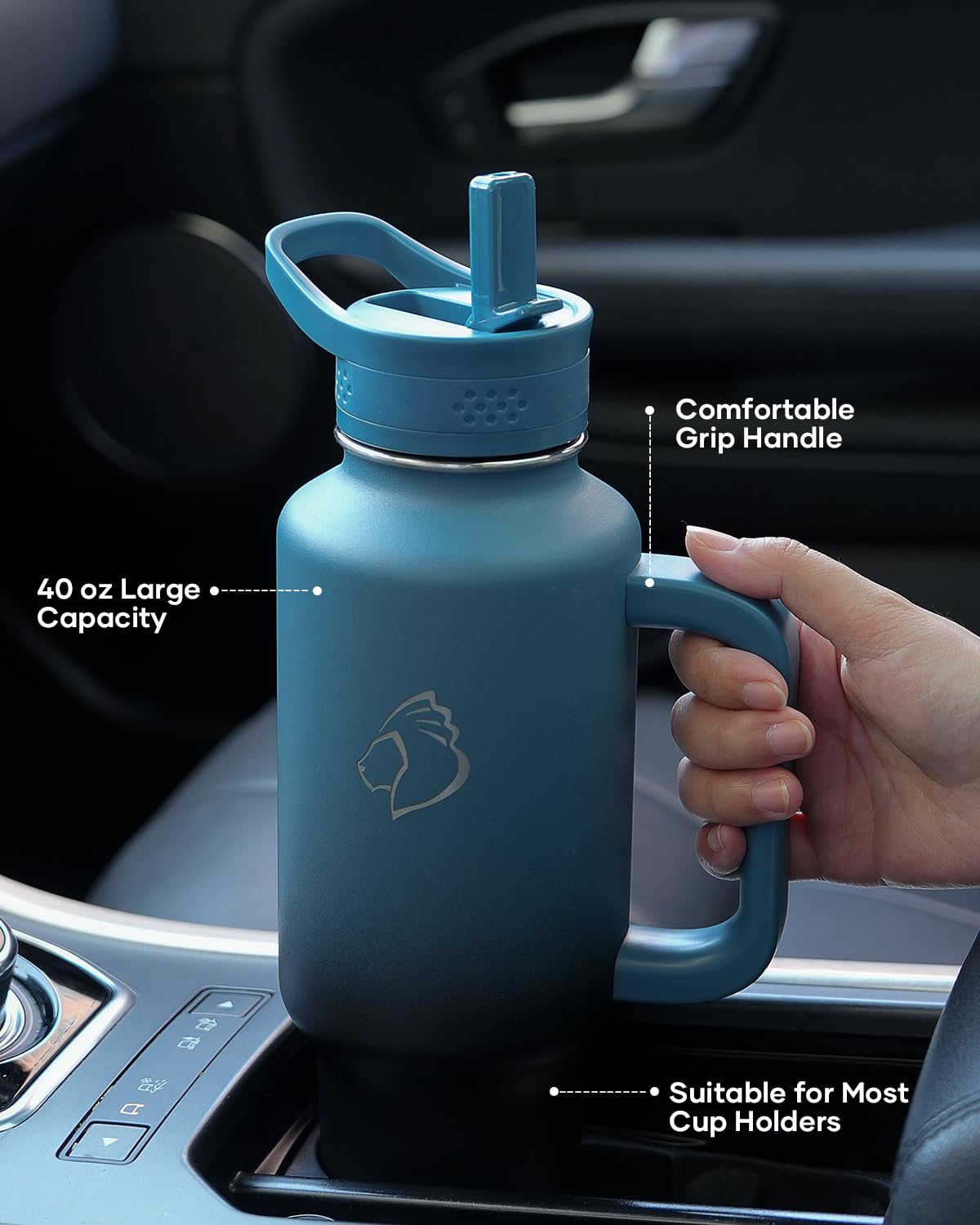 BUZIO 40oz Water Bottle Fits in Cup Holder, Stainless Steel Insulated Tumbler with Handle and Straw, Double Wall Tumbler Cup with Lid, Leak-proof BPA-Free Vacuum Travel Flask Keeps Cold, Indigo Crush