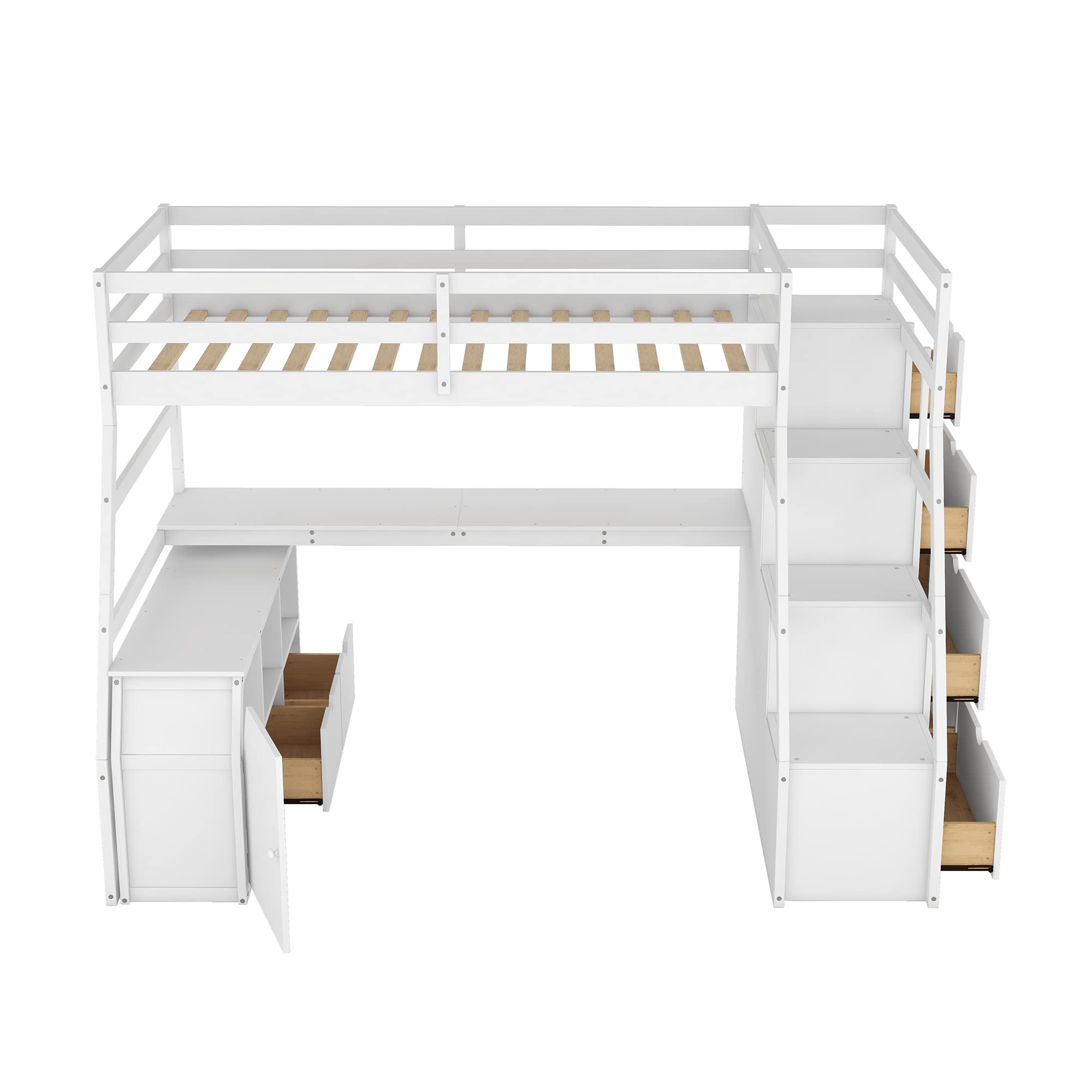 Twin Loft Bed with Stairs and Desk, Wood Loft Beds with Cabinet and 7 Drawers and 2 Shelves High Loft Bed Frame with Step for Kids, Juniors, Teen, Boys, Girls, White