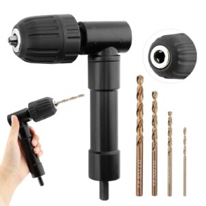 right angle drill attachment with 4 bits, 0.8-10mm right angle bend extension keyless drill chuck converter adapter for tight corner workspace