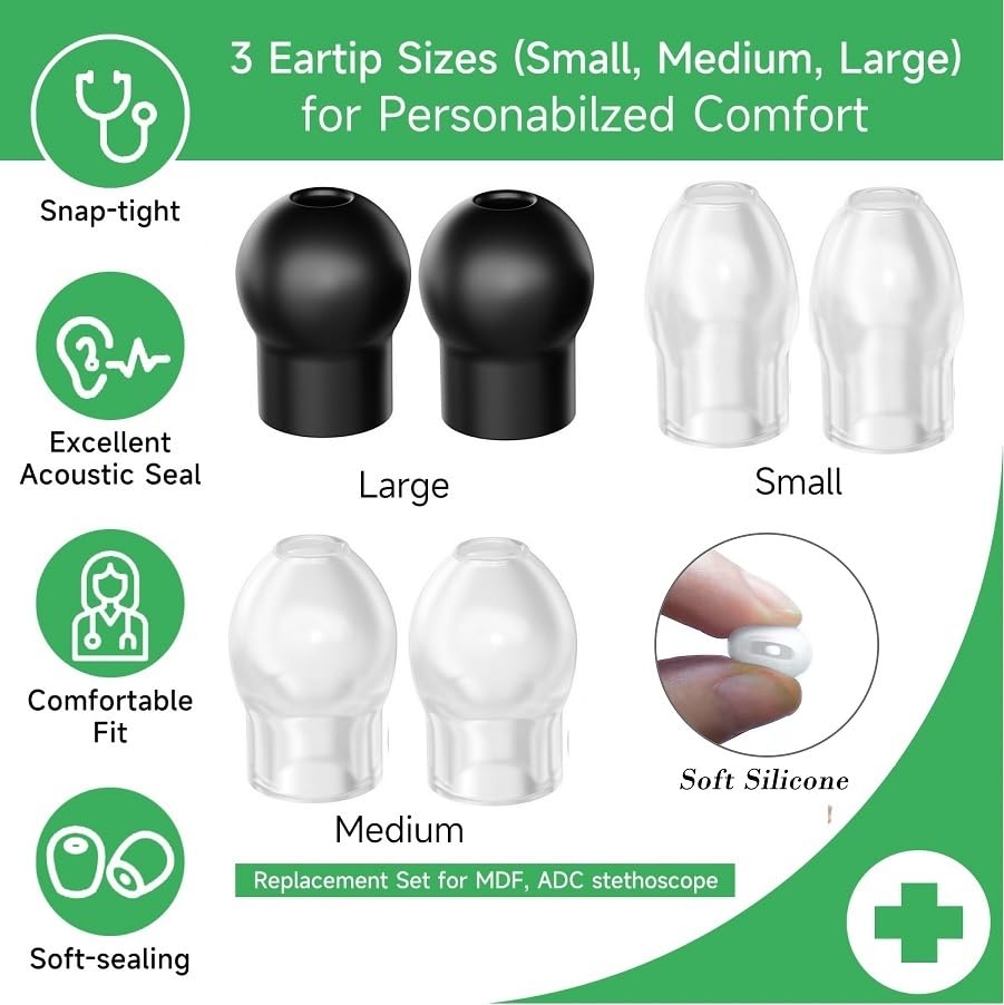 5 Pairs 3 Sizes(S/M/L) MDF Stethoscope Ear Tip Pieces Earplug Replacement Parts, Soft Silicone Prestige ADC Stethoscope Eartip Earbuds Spare Part, Bonus 2Pcs Ear Bud Cover for Littmann Stethoscope