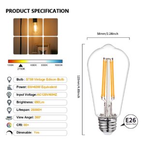 BORT ST58/ST19 Vintage LED Edison Bulbs, Warm White 2700K, Dimmable 6W Edison Light Bulbs, 60W Equivalent, 700LM, E26 Standard Base Filament LED Bulb, Clear Plastic - 12Pack