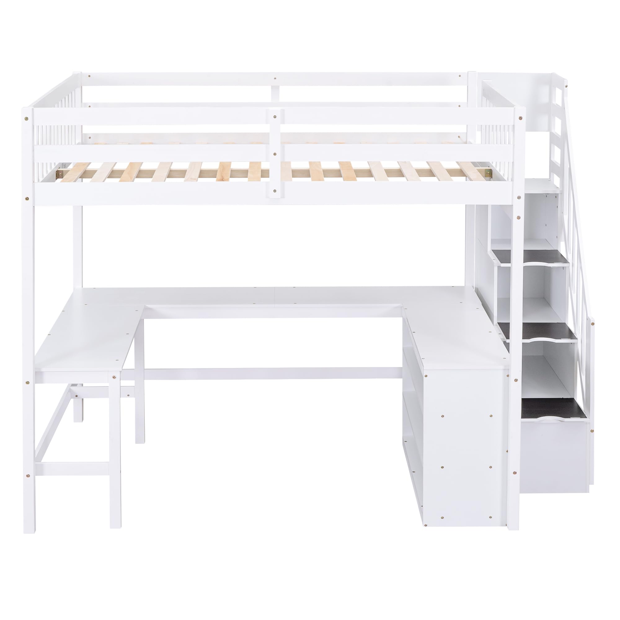 Full Size Loft Bed with Stairs and Desk, Wood Loft Beds with Storage Staircase, High Loft Bed Frame with Bookcase Shelves & L-Shape Desk for Kids, Teen, Boys, Girls, White