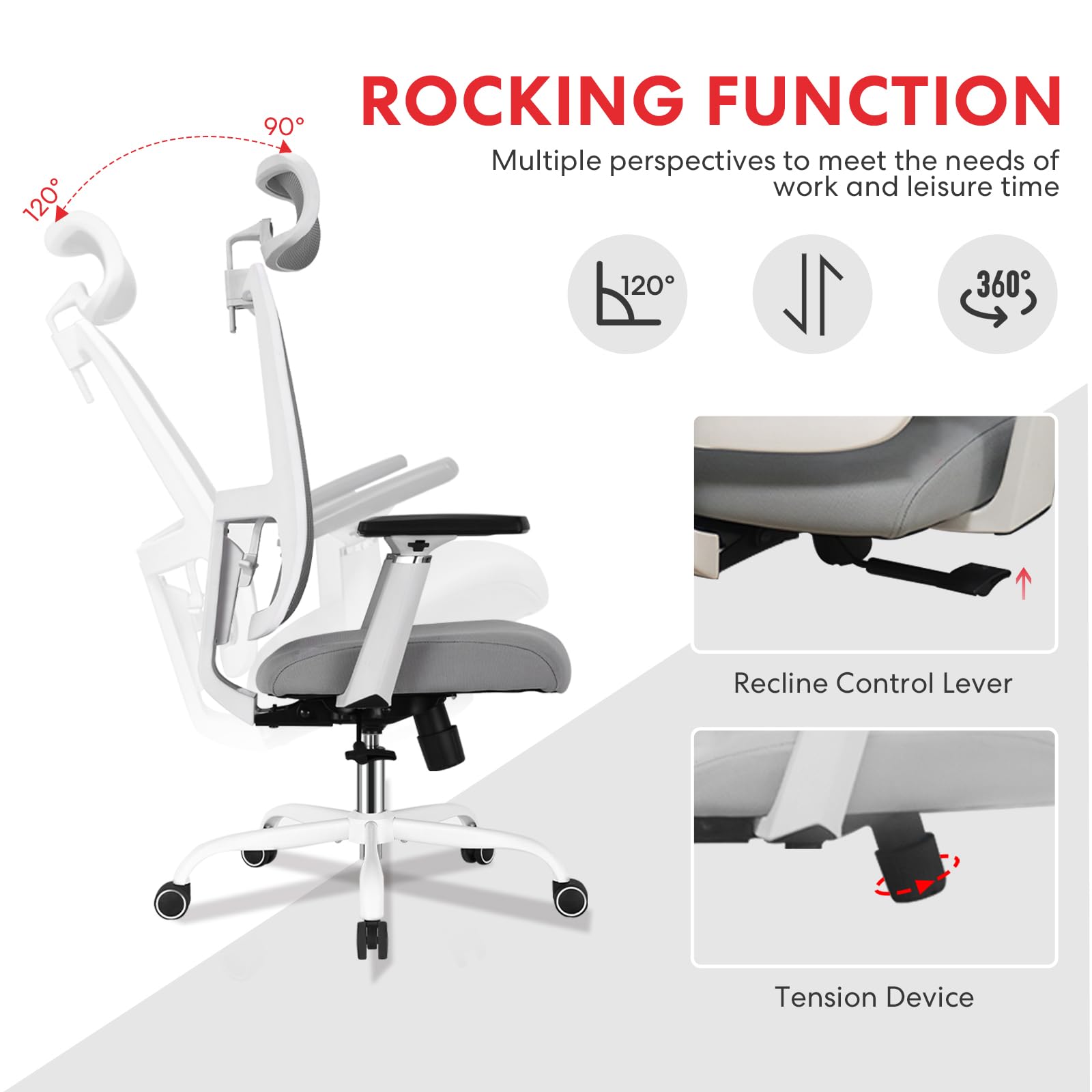 Schwake Ergonomic Office Chair - High Back Desk Chair with Adjustable Lumbar Support, Headrest & 3D Armrest - 135°Rocking Mesh Computer Chair (White & Grey)