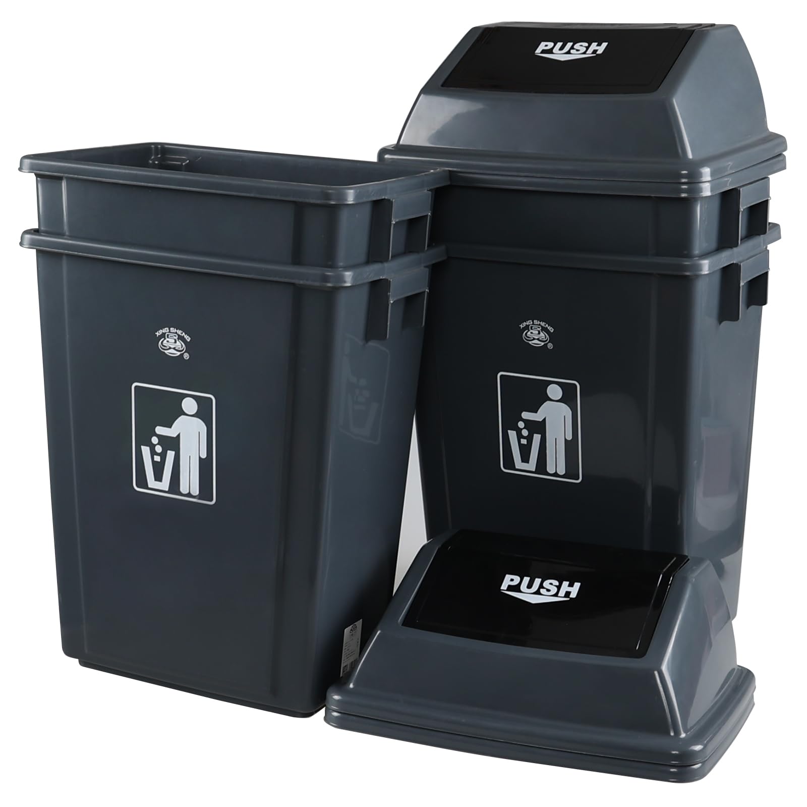 Hommp 4-Pack Rectangular Waste Container with Swing Lid, 15 Gallon Commercial Trash Can, Gray