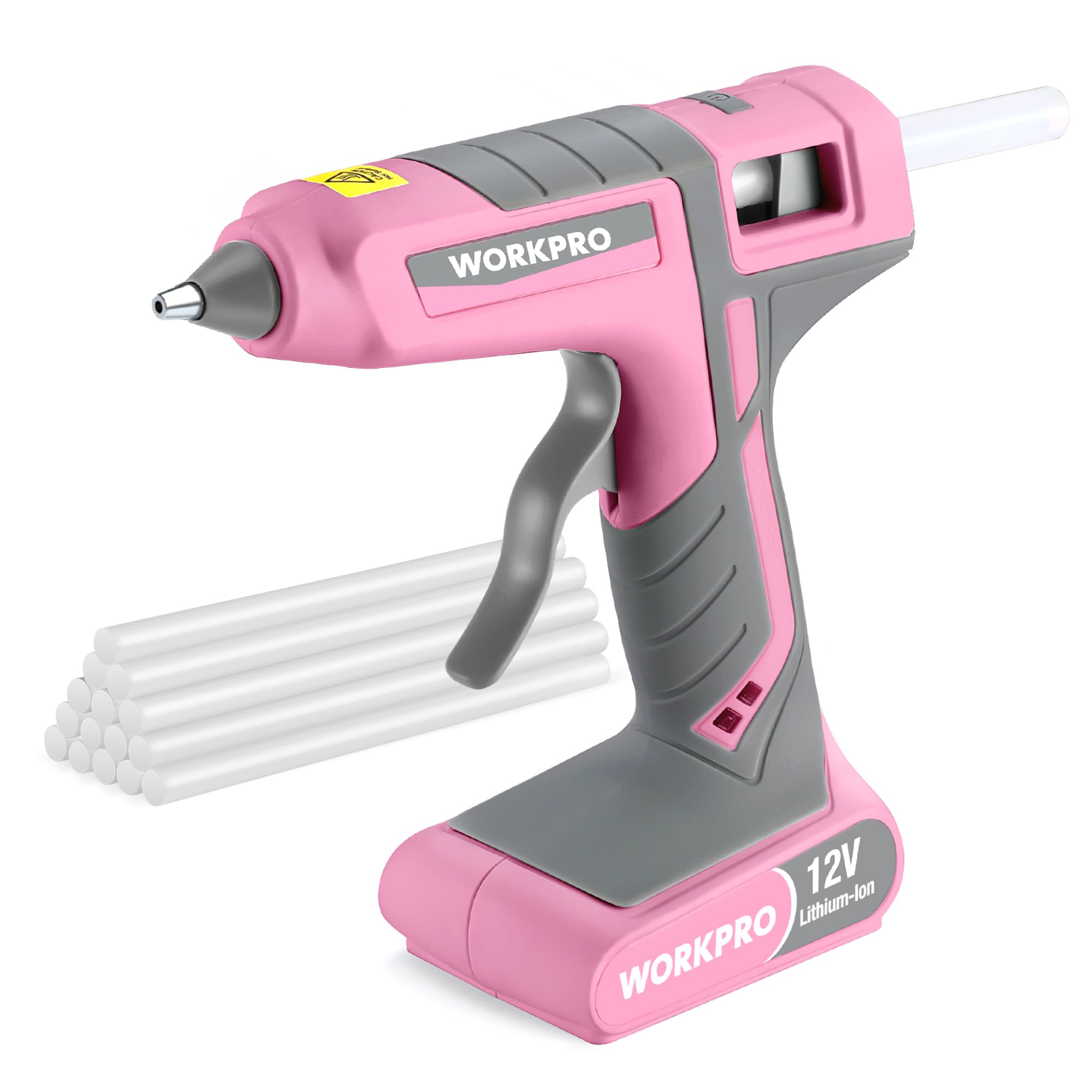 WORKPRO Full Size Cordless Hot Melt Glue Gun - 12V Rechargeable Fast Preheating Glue Gun Kit with 15pcs Full Size Glue Sticks, Auto Power-off Glue Gun for DIY Project, Art, Craft - Pink Ribbon