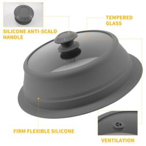 Vented Tempered Glass Lid Wok Lid for Stockpot Steamer Pot Pan, 10.5-11 inch Universal Multifunction Silicone Cover Collapsible Microwave Splatter Lid Cover Microwave Safe