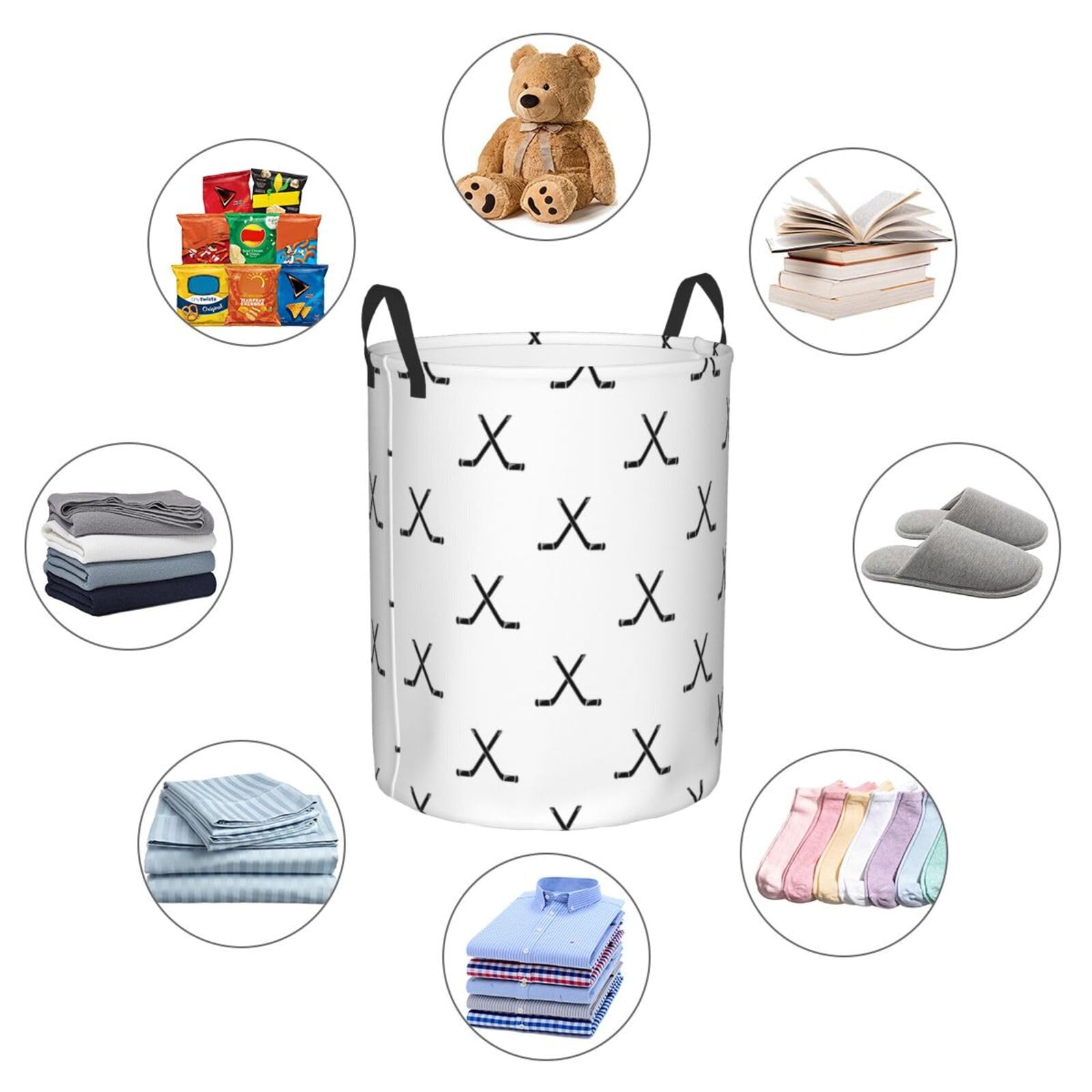 Hockey Sticks Print Laundry Basket Waterproof Oxford Fabric Collapsible Laundry Hamper Round Portable Durable Dirty Clothes Toy Storage Organizer for Bedroom Bathroom College Dorm Living Room Nursery