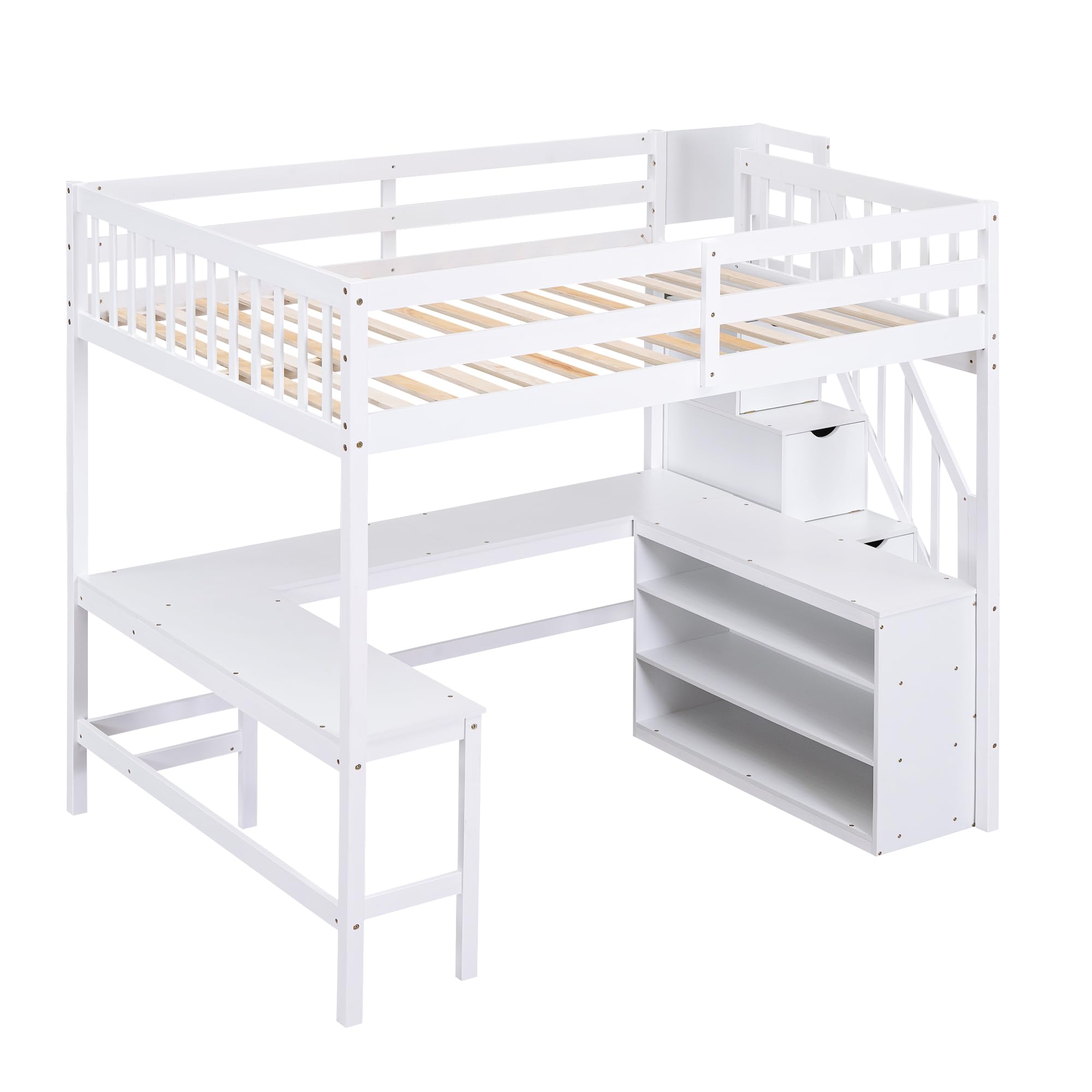 Full Size Loft Bed with Stairs and Desk, Wood Loft Beds with Storage Staircase, High Loft Bed Frame with Bookcase Shelves & L-Shape Desk for Kids, Teen, Boys, Girls, White