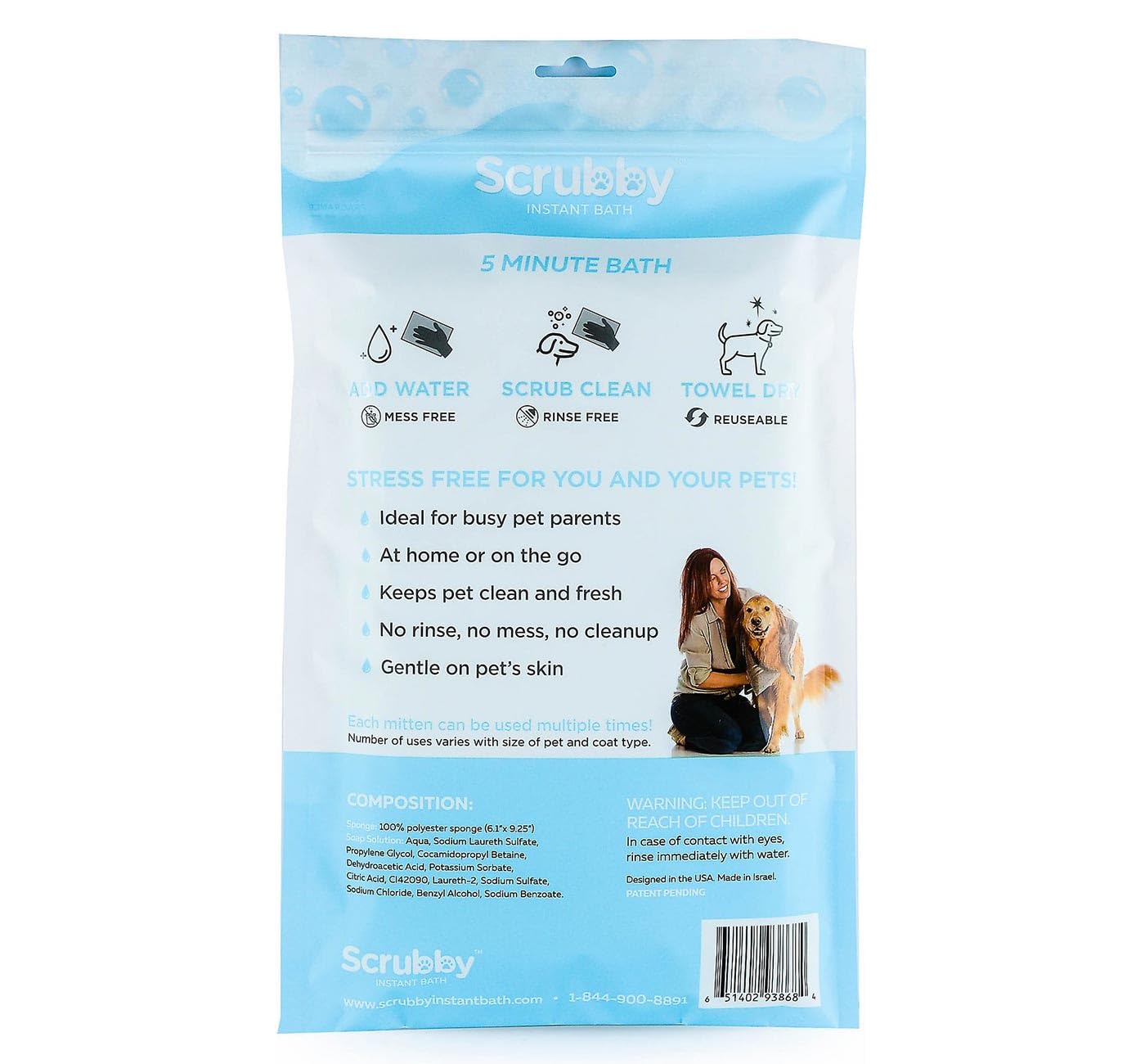 Scrubby Pet No Rinse Pet Wipes, Rinse Free Shampoo Mittens for Dogs and Cats, Bath Wipes for Bathing and Washing Pets, Hypoallergenic No Rinse Wash Mitt for Grooming, Lather Wipe Dry - 5 Pack