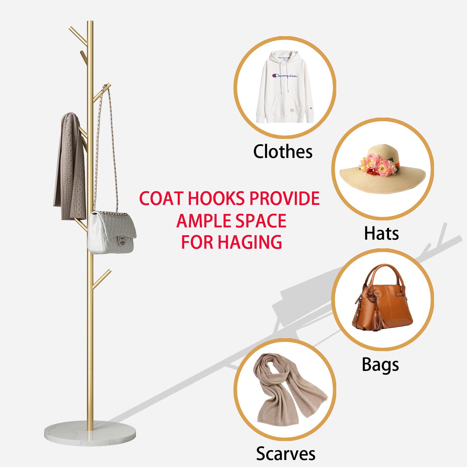 DR.IRON Metal Coat Rack Freestanding, Gold Coat Rack Stand with 8 Hooks, Sturdy Coat Racks with Marble Base, Coat Tree for Entryway, Hallway, Bedroom, Coat Hanger for Coats, Hats, Bags, Scarves