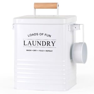 metal laundry powder detergent container for laundry room organization and storage, large airtight laundry soap dispenser with scoop and handles, modern farmhouse laundry pods container, white