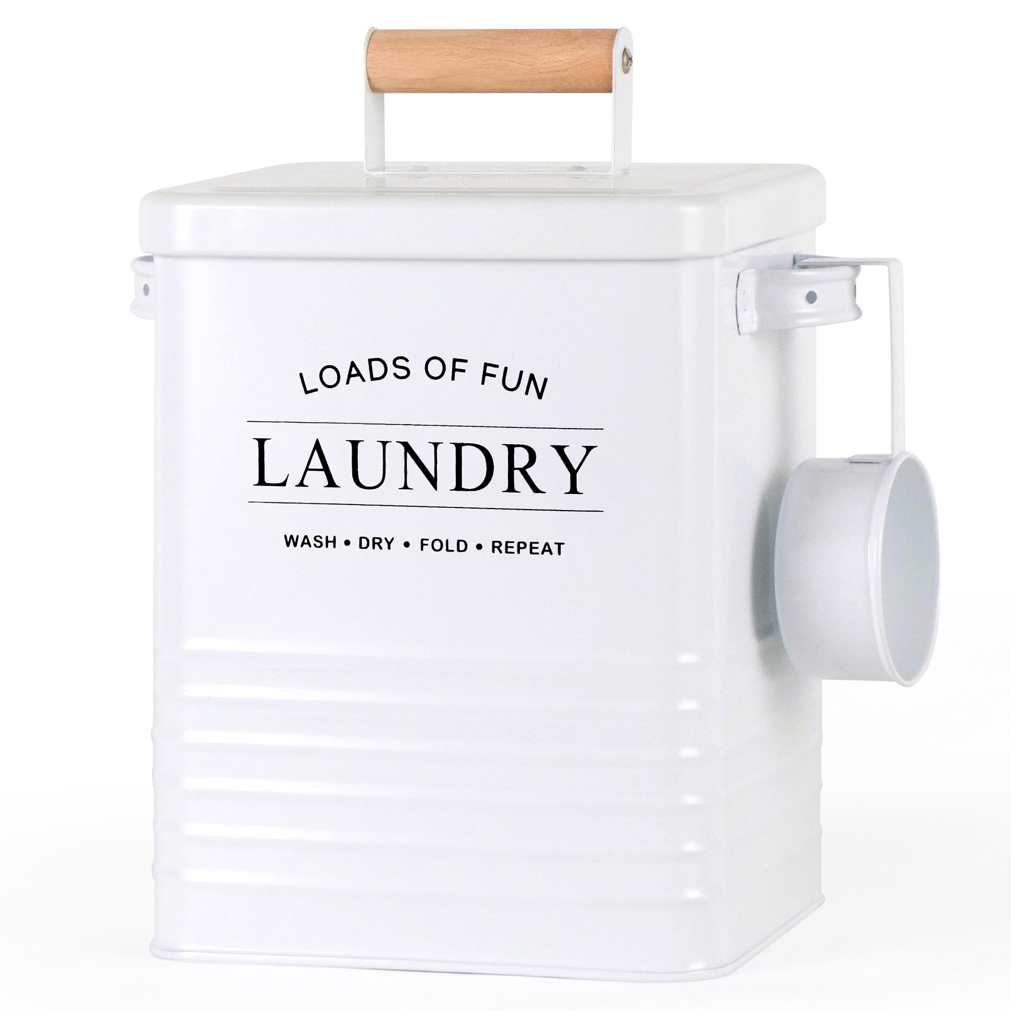 Metal Laundry Powder Detergent Container for Laundry Room Organization and Storage, Large Airtight Laundry Soap Dispenser with Scoop and Handles, Modern Farmhouse Laundry Pods Container, White