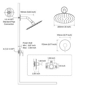 HUCKLE Shower Faucet Set with Shower Head, 8-Inch Black Shower Faucet with Valve, Single-Handle Rainfall Shower Head, Matte Black Shower Head for Bathroom