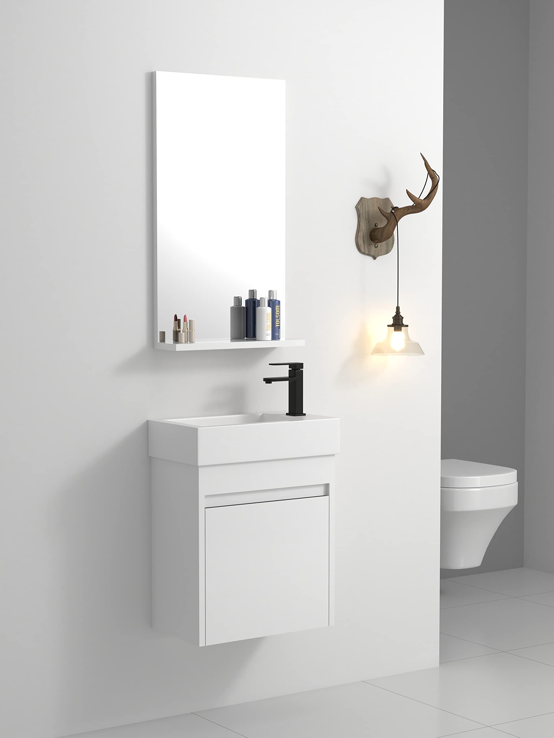 Wall Mounted Bathroom Vanity with Sink, 18inch Single Bathroom Vanity Set with Top Basin & Storage Cabinet, Wood Hanging Bath Cabinet for Small Space