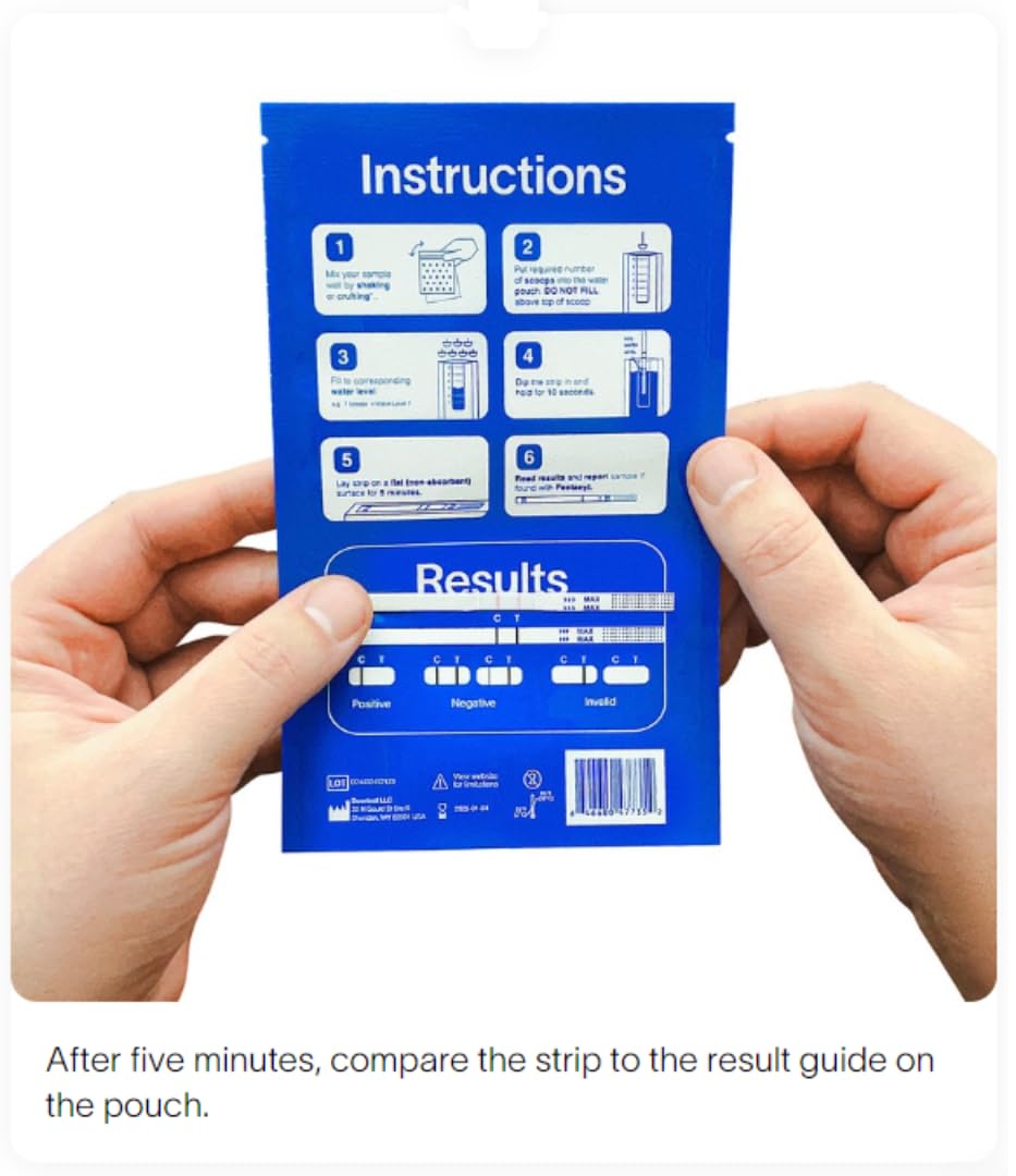 Fentanyl Test Strips - 5 Pack - Measurement Spoon/Water Pouch - Rapid Results - Highly senstive - Easy Instructions