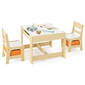 olakids kids table and chair set, 3 in 1 wood children desk set with removable blackboard, storage drawer, toddlers activity table furniture for art crafts drawing reading playroom (natural)