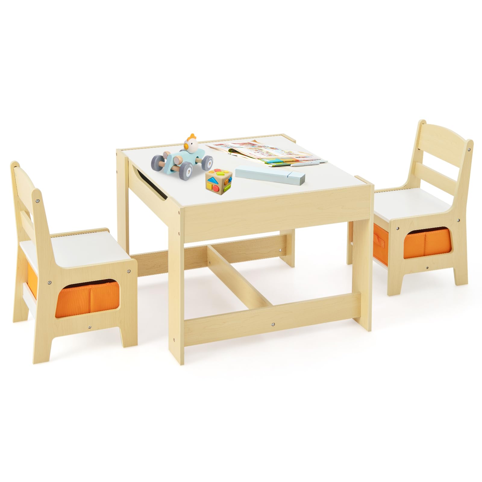 Olakids Kids Table and Chair Set, 3 in 1 Wood Children Desk Set with Removable Blackboard, Storage Drawer, Toddlers Activity Table Furniture for Art Crafts Drawing Reading Playroom (Natural)