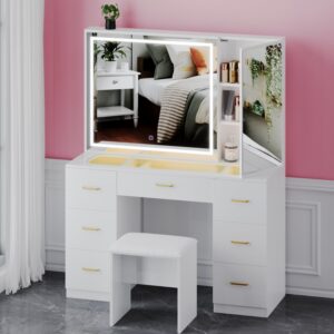 Wildhome Vanity Desk with with Mirror and Lights,Makeup Vanity with Glass Top and 7 Drawers&Cushioned Stool,Dressing Table with Drawers, Bedroom Vanity Desk for Women (White-Glass top)