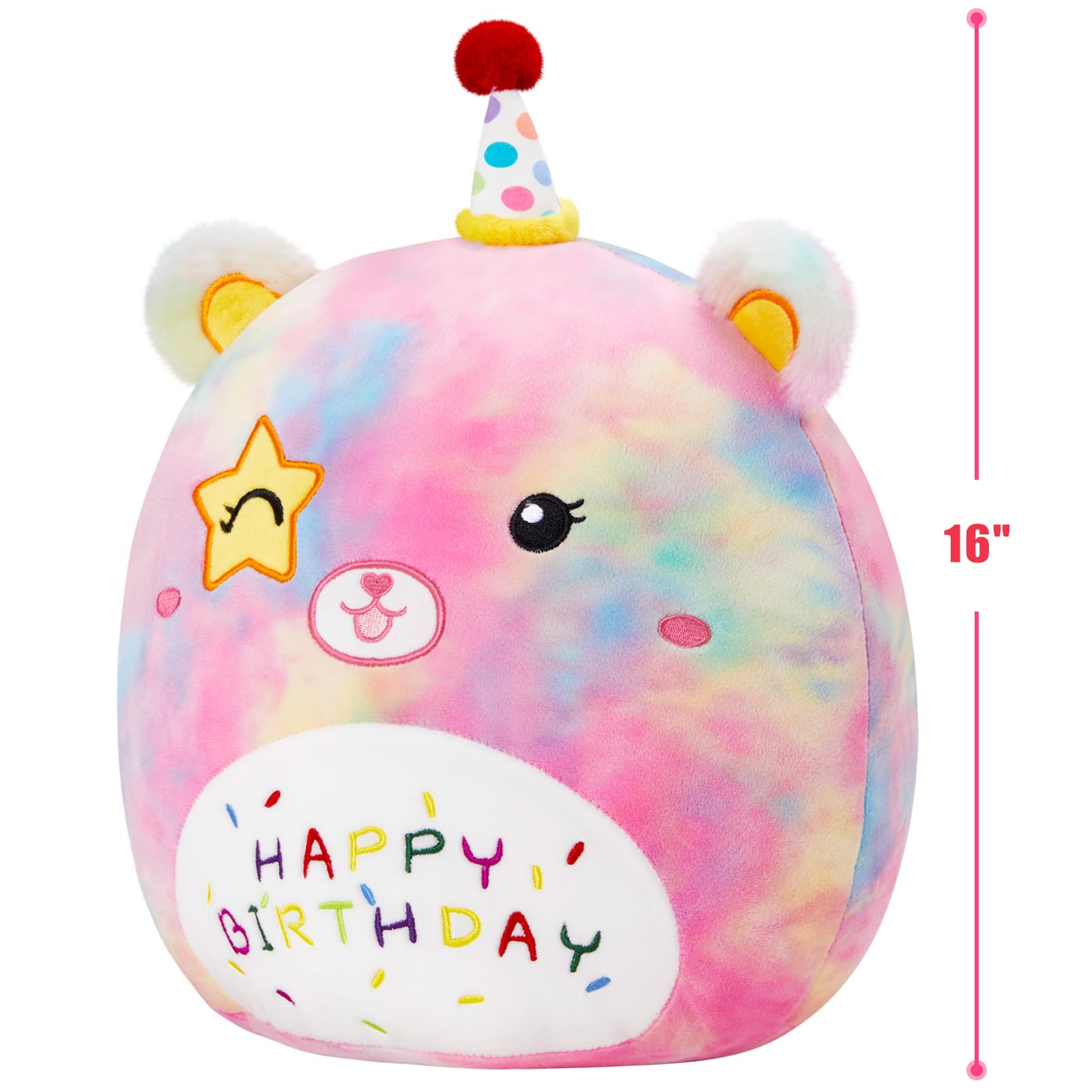 Athoinsu 16" Happy Birthday Bear Plush Pillow Cute Rainbow Stuffed Animal Soft Kawaii Birthday Plushie Star Wink Funny Pillows Home Room Decoration Gifts for Toddlers Kids Girls