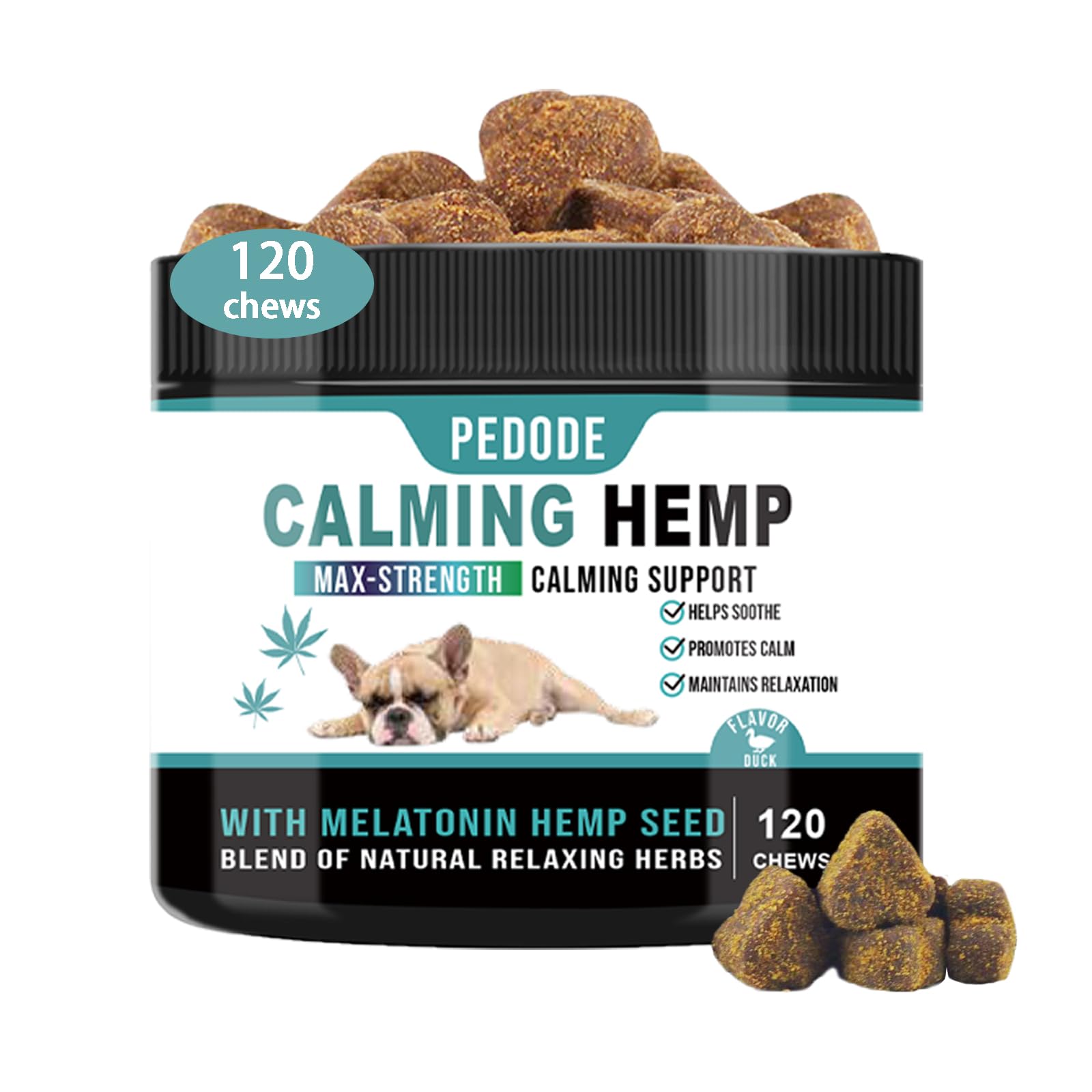 Pedode Hemp Calming Chews for Dogs - Anxiety Relief Dog Calming Treats 100% Natural Ingredients, 120 Chews, Duck Flavor