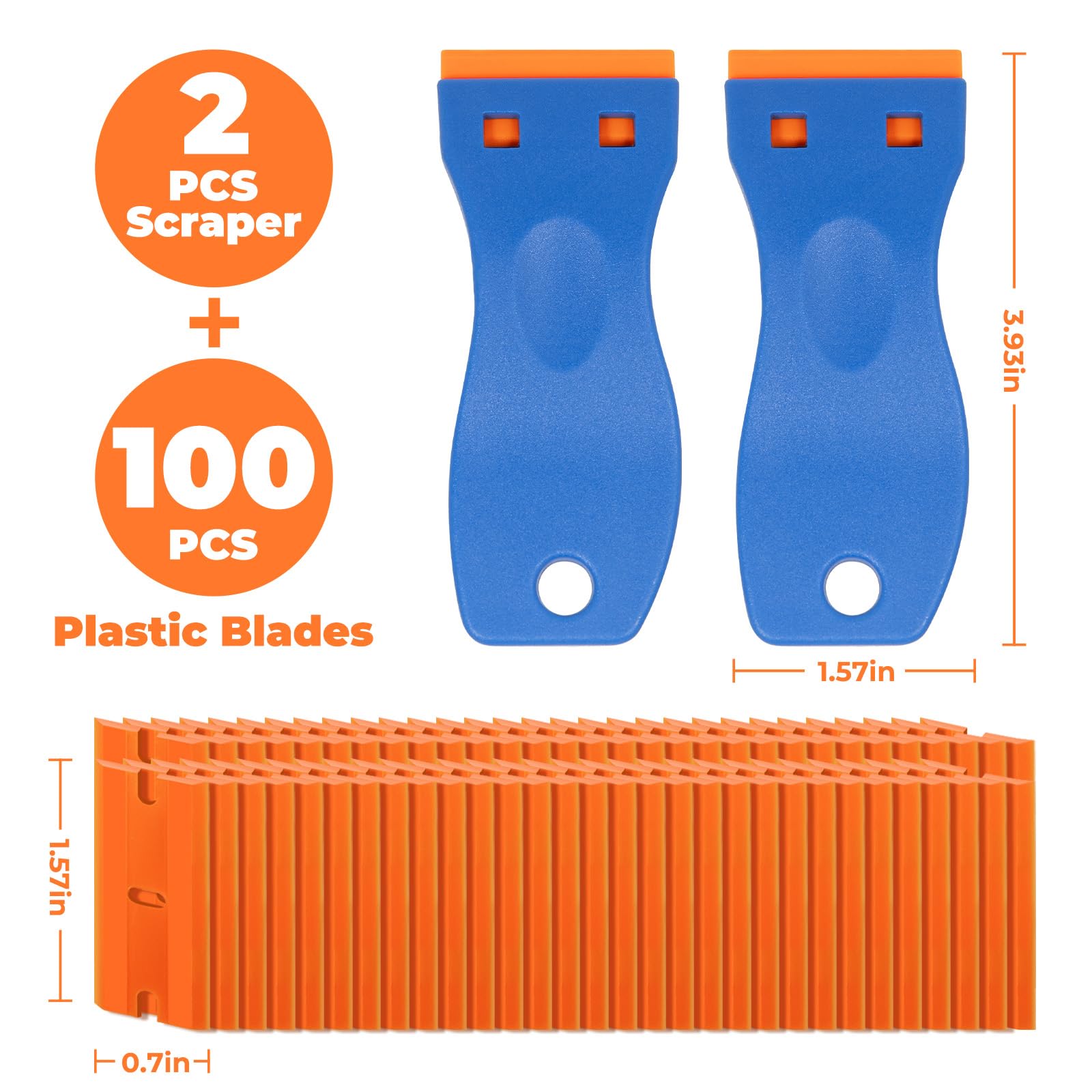 TECKWRAP Plastic Razor Blades Scraper Tool, 2-Pack with 100 Double-Edged Plastic Scraper Blades for Adhesive Vinyl Removal on Car Windows, Glass, Labels, Mugs, and More (Blue)