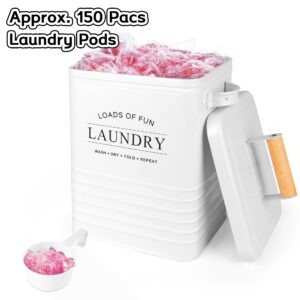 Metal Laundry Powder Detergent Container for Laundry Room Organization and Storage, Large Airtight Laundry Soap Dispenser with Scoop and Handles, Modern Farmhouse Laundry Pods Container, White