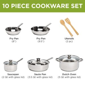 Ecolution Classic Stainless Steel Pots and Pans Set, Professional Quality, Encapsulated Base, Comfort Grip Riveted Handles, All Cooktop Safe, Oven Safe, Dishwasher Safe, 10-Piece