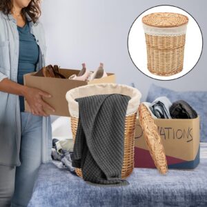 VOSAREA Wicker Laundry Hamper Handwoven Laundry Bin Basket with Lid and Liner Bedroom Waste Bin Round Laundry Room Clothes Organizer Basket Natural