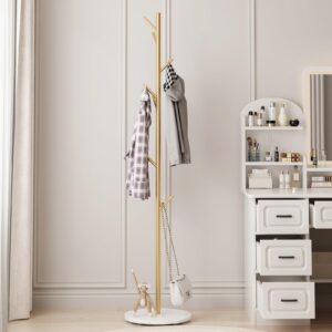 DR.IRON Metal Coat Rack Freestanding, Gold Coat Rack Stand with 8 Hooks, Sturdy Coat Racks with Marble Base, Coat Tree for Entryway, Hallway, Bedroom, Coat Hanger for Coats, Hats, Bags, Scarves