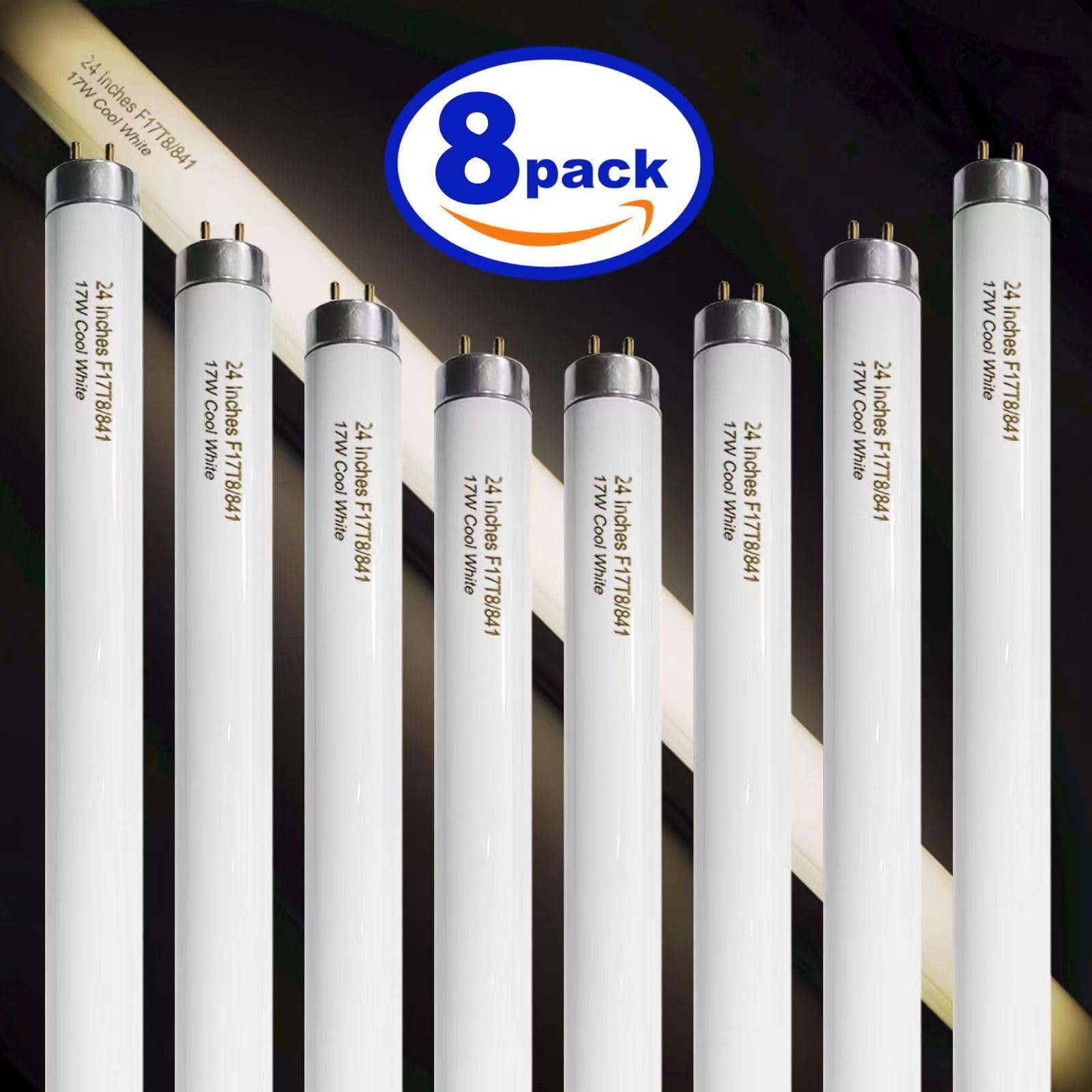 Konideke 8 Pack 24 inch F17T8 17 Watts Light Bulb 2 Foot Straight Fluorescent Tube T8 Tube Light Cool White 1400 Lumen G13 Medium Bi-Pin Cap 8 Count