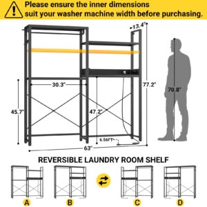 Aheaplus Over Washer and Dryer Shelves with Power Outlet, 4 Tiers Space Saver Laundry Room Storage and Organizer Standing Shelf, Metal Clothes Drying Rack with 1 Hanger Rod, 63" W x 77.2" H, Black