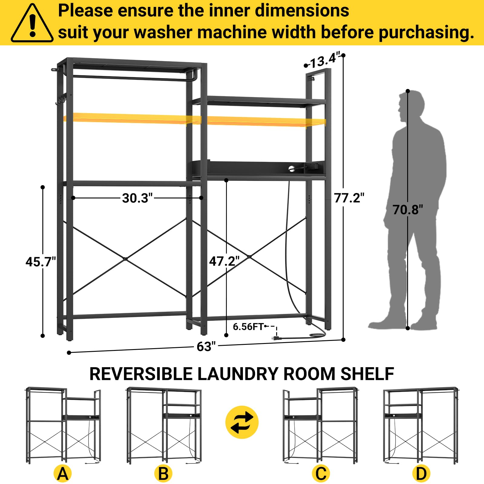 Aheaplus Over Washer and Dryer Shelves with Power Outlet, 4 Tiers Space Saver Laundry Room Storage and Organizer Standing Shelf, Metal Clothes Drying Rack with 1 Hanger Rod, 63" W x 77.2" H, Black