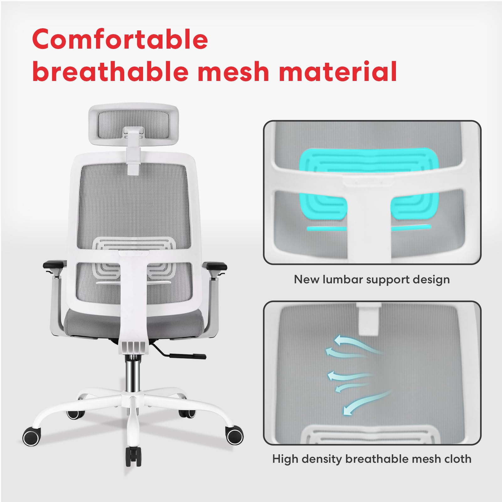 Schwake Ergonomic Office Chair - High Back Desk Chair with Adjustable Lumbar Support, Headrest & 3D Armrest - 135°Rocking Mesh Computer Chair (White & Grey)