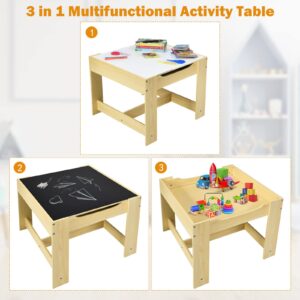 Olakids Kids Table and Chair Set, 3 in 1 Wood Children Desk Set with Removable Blackboard, Storage Drawer, Toddlers Activity Table Furniture for Art Crafts Drawing Reading Playroom (Natural)