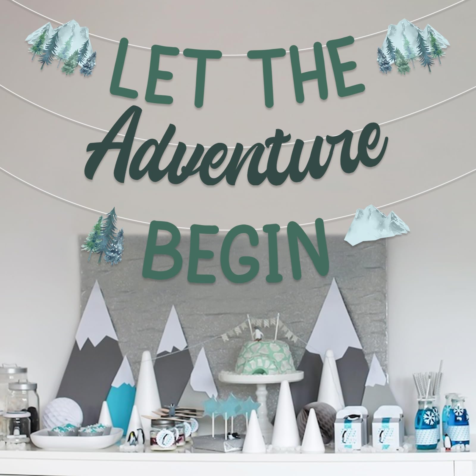 Sursurprise Adventure Baby Shower Decorations, Let the Adventure Begin Banner, Forest Mountain Adventure Birthday Party Supplies