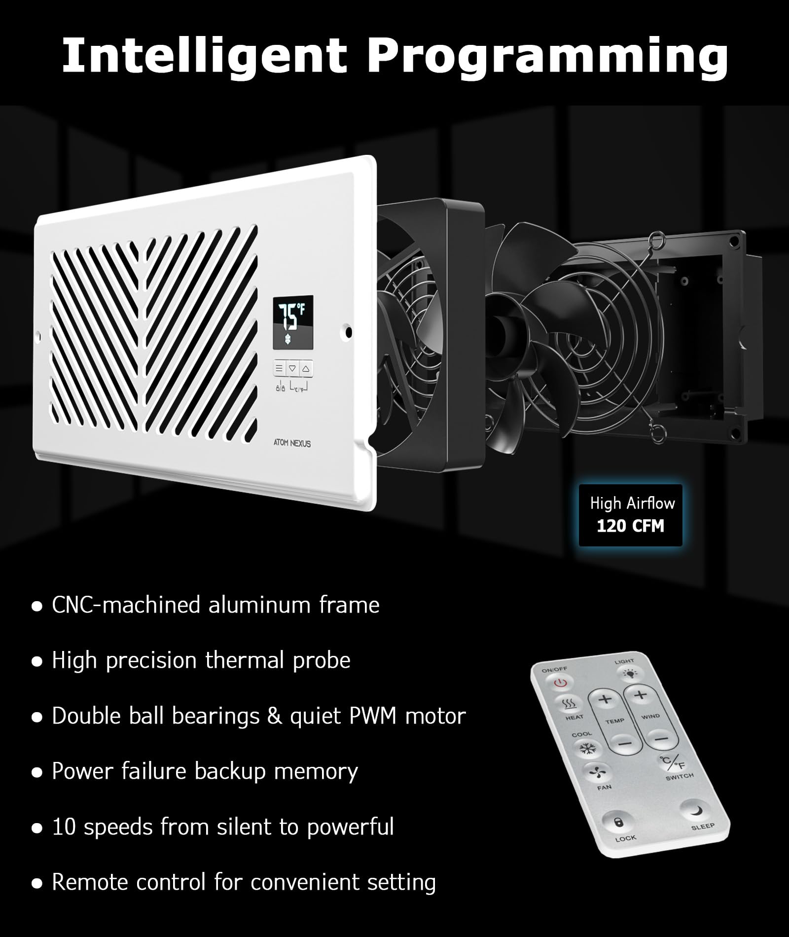 ATOM NEXUS AirBlaze Z4, Quiet Register Booster Fan Fits 4”x10” Register Holes, Smart Vent Booster Fan With Thermostat Control & Remote Control, 10-Speed Control Heating Cooling AC Vent Fan (White)