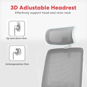 Schwake Ergonomic Office Chair - High Back Desk Chair with Adjustable Lumbar Support, Headrest & 3D Armrest - 135°Rocking Mesh Computer Chair (White & Grey)