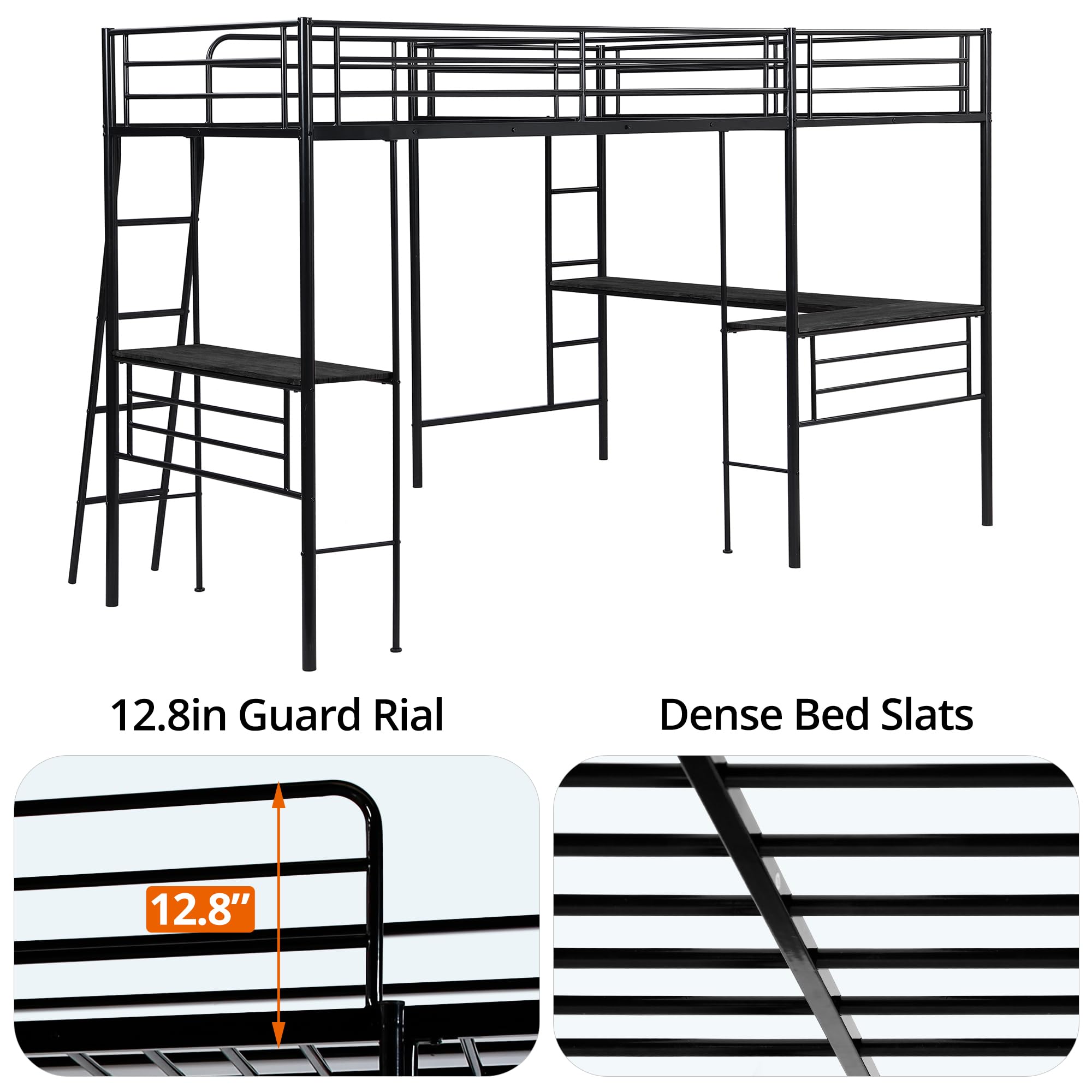 INCLAKE Twin Size L-Shaped Loft Bed with 2 Built-in Desks, Metal Loft Corner Bed with 2 Ladders and Safety Guard Rail, Heavy-Duty Bunk Bed for 2 Children Adults, Space Saving & No Noise, Black