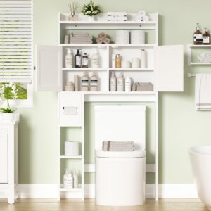 MU Over The Toilet Storage Cabinet with Doors, 32" Bathroom Storage Organizer with Side Shelves, Space-Saving Toilet Storage Rack for Bathroom, Laundry (White)