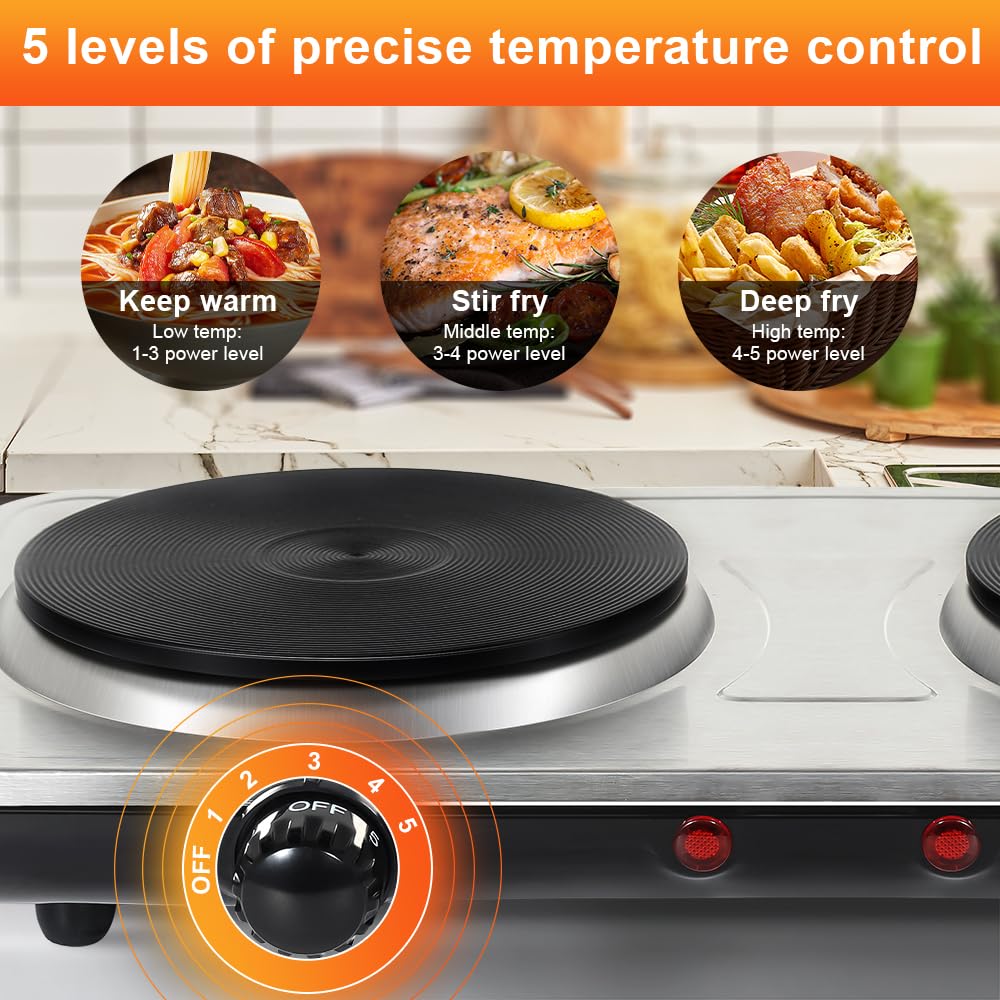 Uten Countertop Double Cast Iron Burner, 2000 Watts Electric Hot Plate, 5 level Temperature Controls, Power Indicator Lights, Easy to Clean, Black