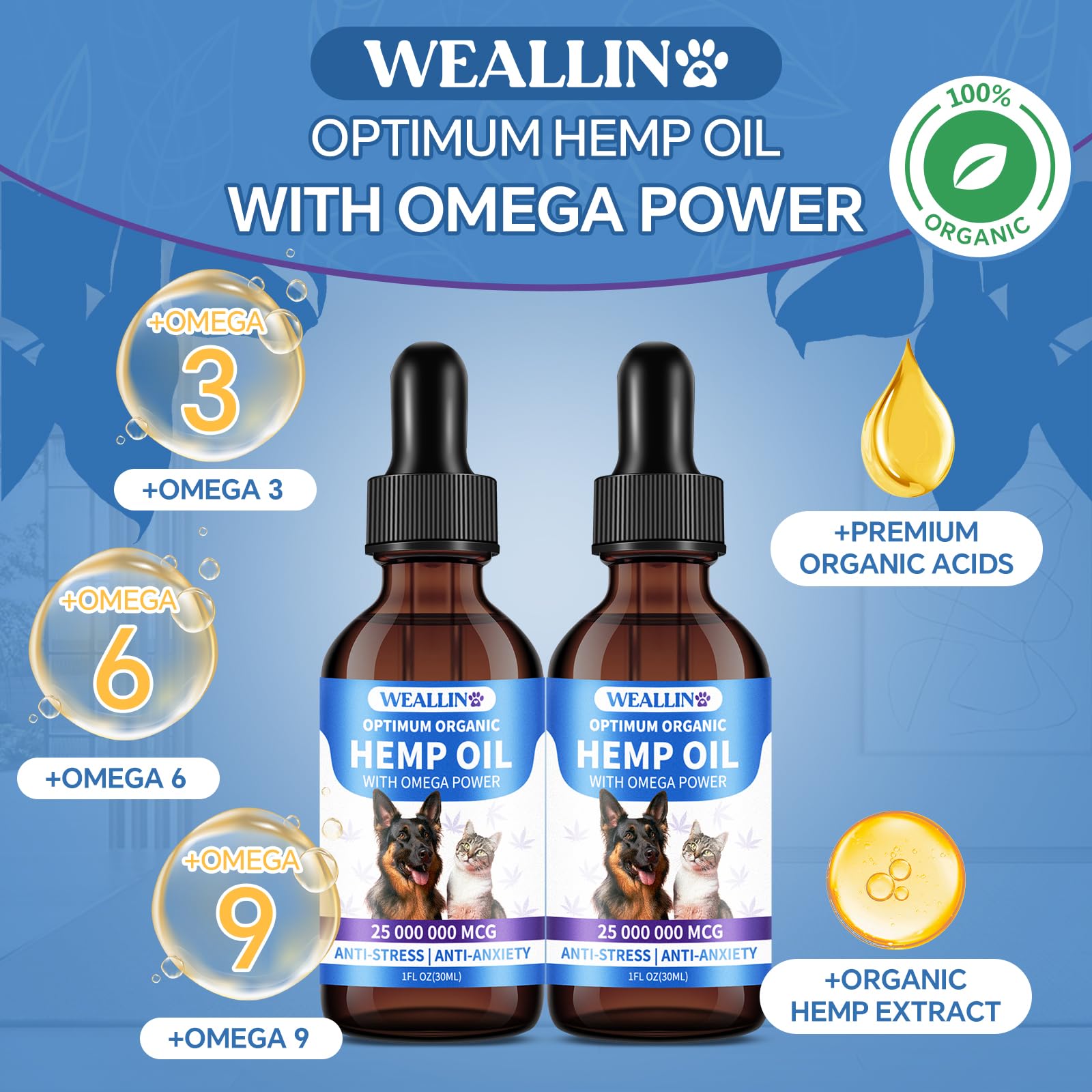 WEALLIN Hemp Oil for Dogs and Cats, Rich in Omega 3, 6, 9 and Organic Extract Helps Pets with Anxiety, Pain, Skin and Coat Health, Stress, Hip and Joint Support