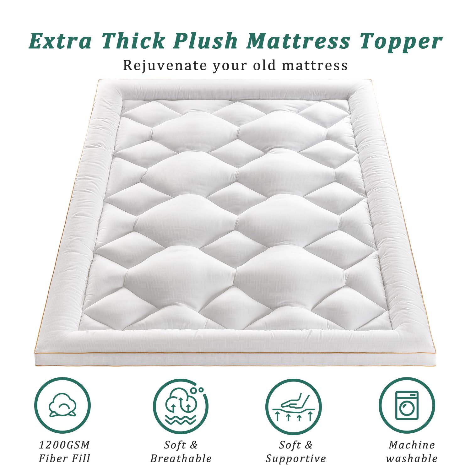 FLEXPEDIC Mattress Topper Queen,Extra Soft Pillow Top Mattress Topper for Firm Bed,Cooling Cloud-Like 1200GSM Down Alternative Filled,4 Anchor Elastic Bands,60 * 80 Inches,White