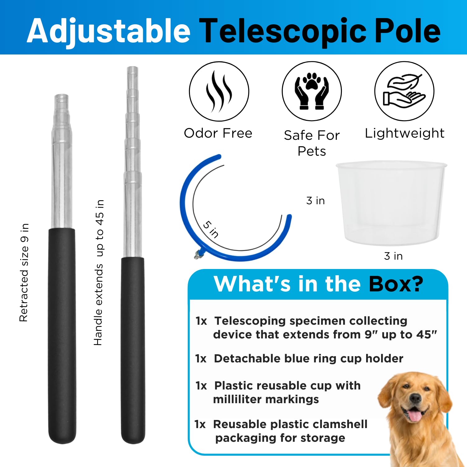 PetTest i-Catch Telescoping Dog Urine Catcher - 45-inch Extendable Dog Pee Stick Collector and Telescopic Pole Handle for Small and Large Breeds - Includes a Reusable Cup with Milliliter Markings