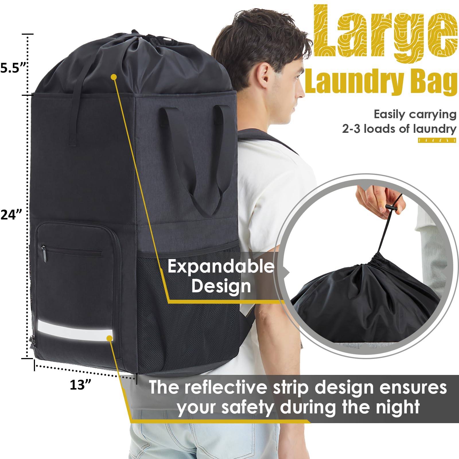 Laundry Bag Backpack for College, Extra Large Laundry Hamper for Dorm Room Essentials, Freestanding Laundry Backpack Bag with Straps, Stand Up Heavy Duty Backpack Laundry Bag for Apartment, Laundromat