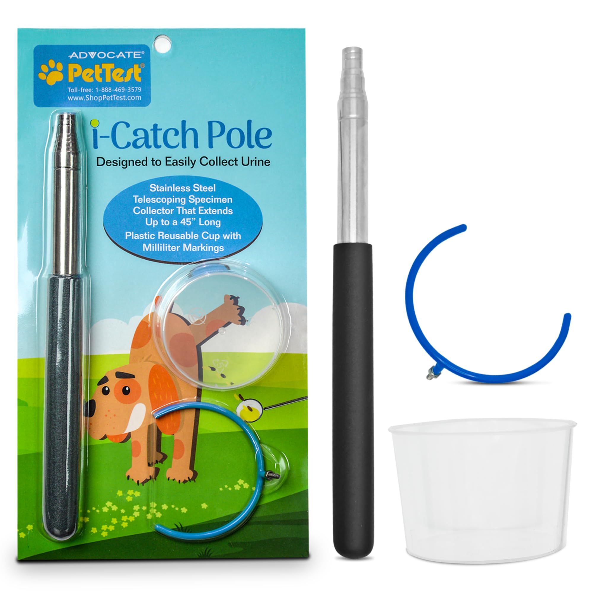 PetTest i-Catch Telescoping Dog Urine Catcher - 45-inch Extendable Dog Pee Stick Collector and Telescopic Pole Handle for Small and Large Breeds - Includes a Reusable Cup with Milliliter Markings