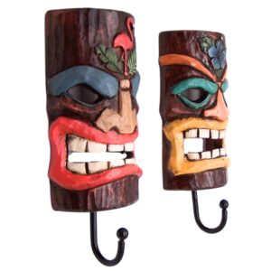 Tiki Mask Wall Hooks, Set of 2 Assorted Designs, Coastal Interior Design, Wall Mounted Decor, 6.5 Inches