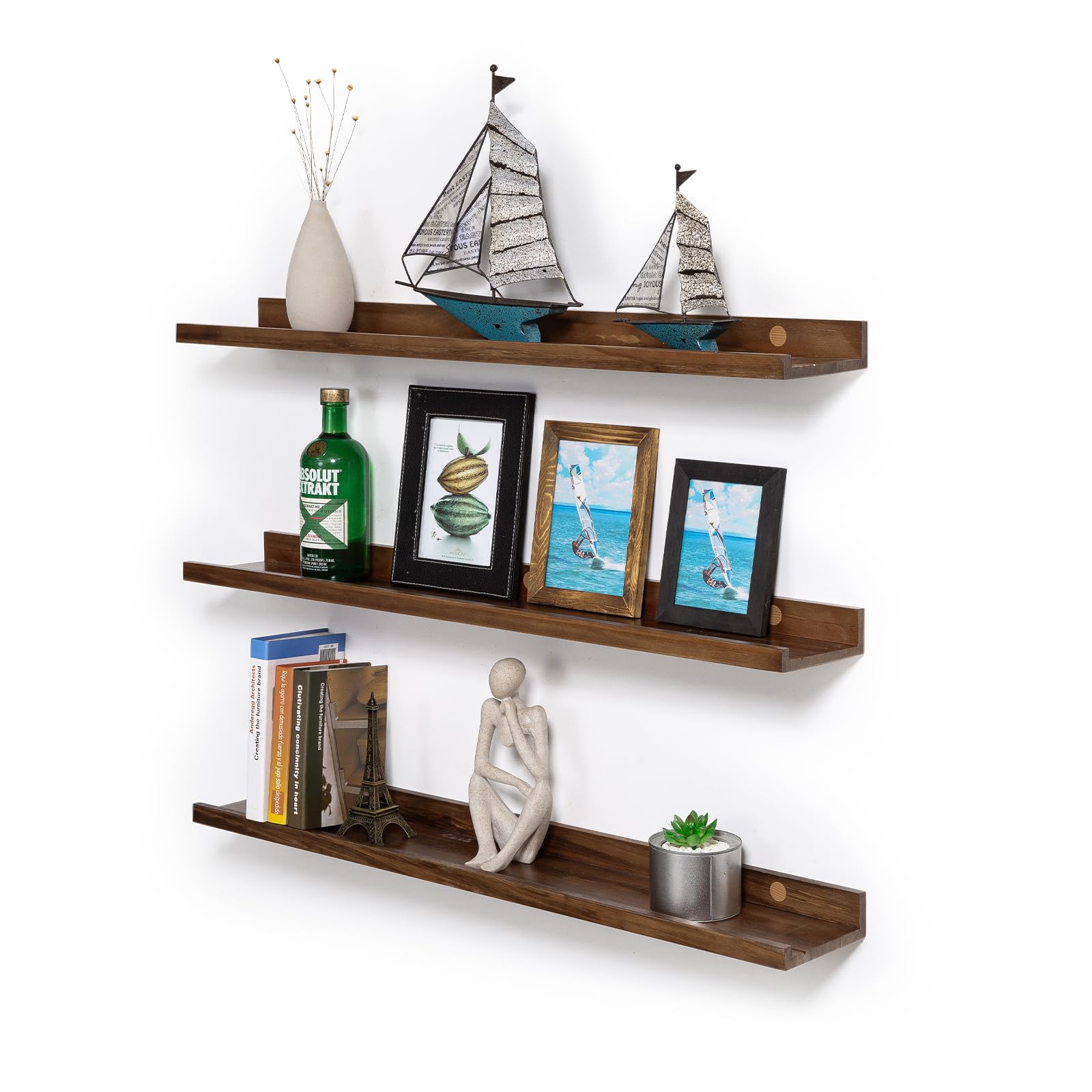 AZSKY 24 Inch Wood Floating Shelves Picture Ledge Shelf Light Walnut for Photos on Wall Floating Book Shelf with Lip Set of 3 Solid Wood Shelves for Living Room Bedroom Bathroom Kitchen