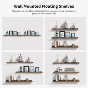 AZSKY 24 Inch Wood Floating Shelves Picture Ledge Shelf Light Walnut for Photos on Wall Floating Book Shelf with Lip Set of 3 Solid Wood Shelves for Living Room Bedroom Bathroom Kitchen