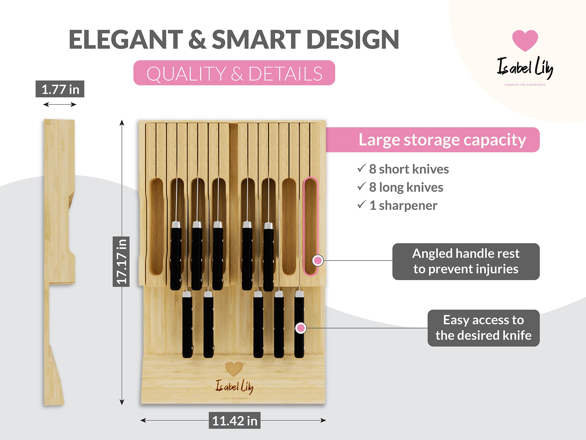 Isabel Lily - Bamboo Kitchen Knife Holder for Drawer | Organize 8 Short and 8 Long Knives and 1 Sharpener | Anti-Slip Surface | Includes Microfiber Cloth